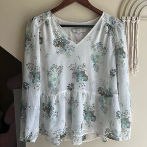 LOFT Floral V-Neck Blouse - White and Blue
